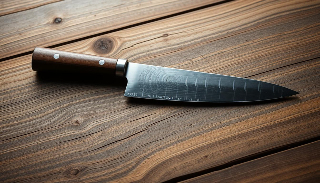 A finely crafted chef's knife rests on a weathered wooden surface, its blade gleaming under the soft, diffused lighting. The knife's handle is expertly fashioned from smooth, dark wood, with subtle texturing for a secure grip. The blade itself is a masterpiece of Japanese metalworking, its edge honed to a razor-sharp precision. The knife's silhouette is both functional and elegant, a testament to the skilled artisanship that went into its creation. The scene evokes a sense of timeless craftsmanship and the love of cooking, perfectly capturing the essence of the Aritsugu chef knife.