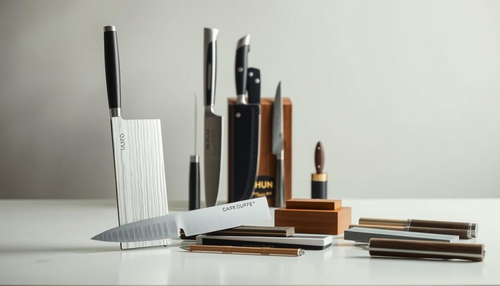 A finely crafted display of Shun knife accessories, artfully arranged on a sleek, minimalist table. In the foreground, a Shun knife guard and sheath stand tall, their elegant lines and premium materials catching the soft, directional light. Surrounding them, a selection of honing rods, sharpening stones, and other essential tools nestle together, creating a harmonious composition. The middle ground features a Shun knife block, its clean design complementing the accessories. In the background, a neutral, slightly blurred backdrop emphasizes the focus on the Shun brand and its high-quality craftsmanship. The overall mood is one of refined simplicity, inviting the viewer to consider the practical and aesthetic value of these essential Shun knife accessories.