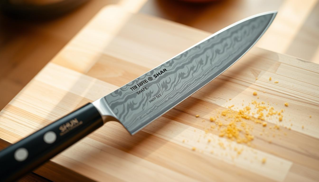 A gleaming 5.5-inch Shun chef's knife, its razor-sharp stainless steel blade resting on a light wooden cutting board. The knife is held in a confident, professional grip, ready to precisely slice through delicate ingredients with ease. Soft, natural lighting from an overhead window casts a warm glow on the scene, highlighting the knife's elegant Damascus-patterned surface. The background is blurred, keeping the focus on the precision-engineered tool, a testament to Japanese craftsmanship. This image captures the benefits of using a compact, maneuverable Shun knife for intricate kitchen tasks, from chopping herbs to dicing vegetables with controlled, confident strokes.