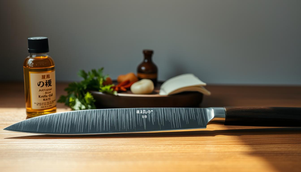 A gleaming Aritsugu knife resting on a wooden surface, its blade glistening under soft, natural lighting. In the foreground, a bottle of high-quality knife oil and a clean, lint-free cloth, signifying the ritual of care and preservation. The middle ground features a selection of Japanese culinary ingredients, such as fragrant herbs and spices, hinting at the knife's versatility in the kitchen. The background depicts a serene, minimalist workspace, with clean lines and muted tones, creating a sense of tranquility and focus. The overall composition conveys the importance of meticulous maintenance in ensuring the longevity and performance of this renowned Japanese blade.