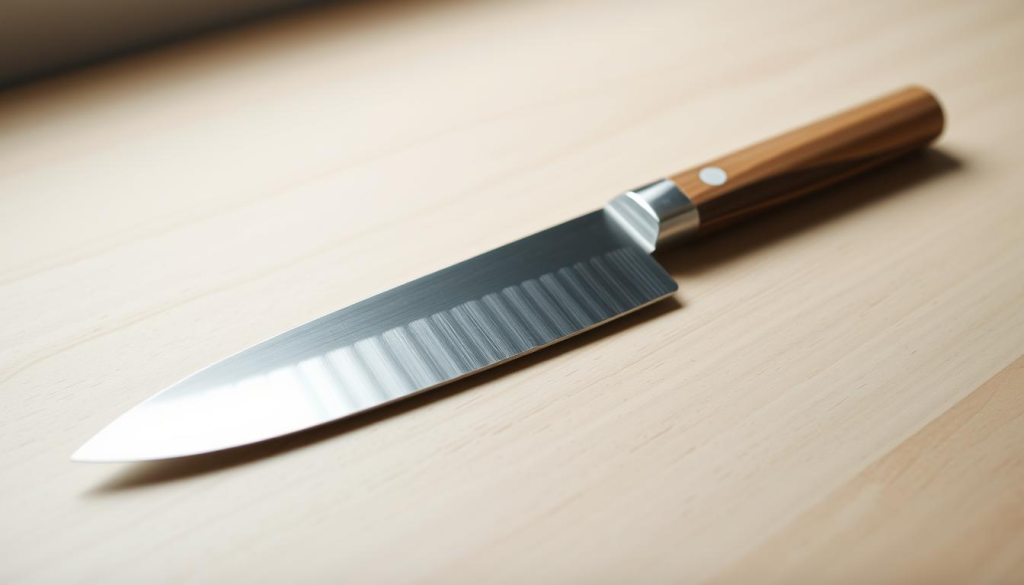 A gleaming Japanese paring knife rests on a clean, light-colored wooden surface. The blade's sharp, polished edge reflects the soft, even lighting illuminating the scene. The knife's handle, crafted from fine-grained wood, exudes a subtle elegance. In the background, a minimalist, serene setting evokes the precision and attention to detail inherent in traditional Japanese craftsmanship. The composition emphasizes the knife's versatility, highlighting its ability to tackle a variety of kitchen tasks with ease and efficiency.