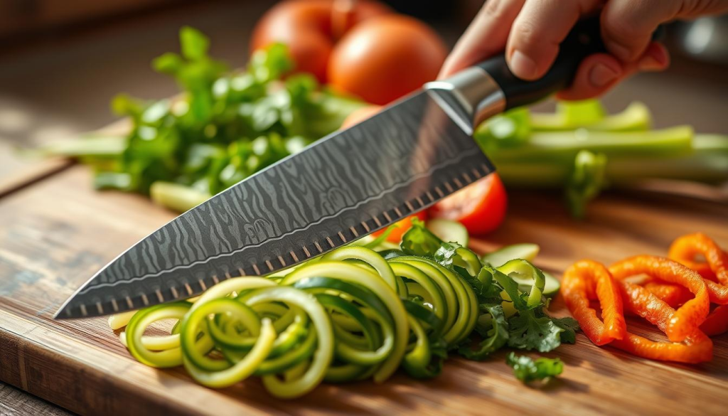 A gleaming Shun Elite chef's knife gracefully slicing through crisp, vibrant vegetables on a wooden cutting board. The knife's razor-sharp, Damascus steel blade glides effortlessly, creating thin, uniform slices. Warm, natural lighting from an overhead window accentuates the knife's sleek, ergonomic handle and the vivid colors of the produce. The scene conveys a sense of culinary mastery and the precision that the Shun Elite knife brings to the cooking process. The composition highlights the knife's performance and how it enhances the fundamental techniques of food preparation.