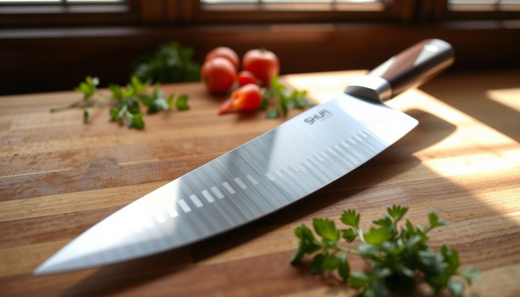 A gleaming Shun chef's knife rests on a wooden cutting board, its razor-sharp blade catching the soft, natural light filtering in from a large window. The knife's elegantly contoured handle, crafted from premium hardwood, nestles comfortably in the user's grip, inviting skilled, precise cuts. In the background, a smattering of fresh herbs and vegetables lend an air of culinary artistry, hinting at the knife's versatility and the user's expertise. The overall scene conveys a sense of quality, craftsmanship, and the joy of culinary mastery, perfectly capturing the essence of the Shun cutlery experience.