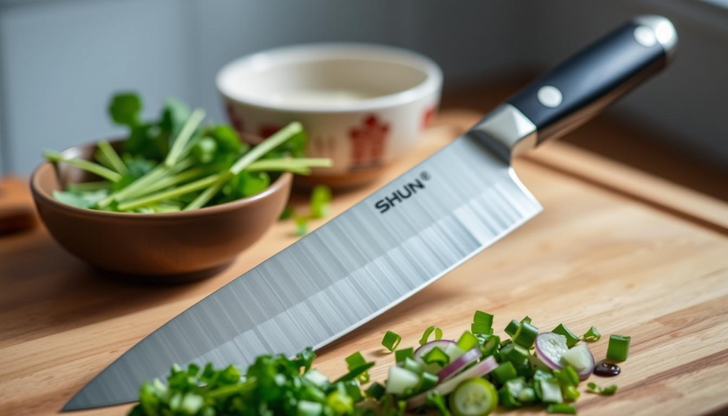 A gleaming Shun knife, 6.5 inches in length, rests against a smooth wooden cutting board. The blade, forged with precision, catches the light, highlighting its razor-sharp edge. In the foreground, a delicate arrangement of freshly chopped herbs and vegetables showcases the knife's effortless slicing capabilities. The middle ground features a classic Japanese-inspired ceramic bowl, adding a touch of elegance to the scene. The background is softly blurred, allowing the viewer to focus on the knife's performance. The image conveys a sense of culinary mastery, inviting the observer to experience the benefits of using this exceptional Shun knife.