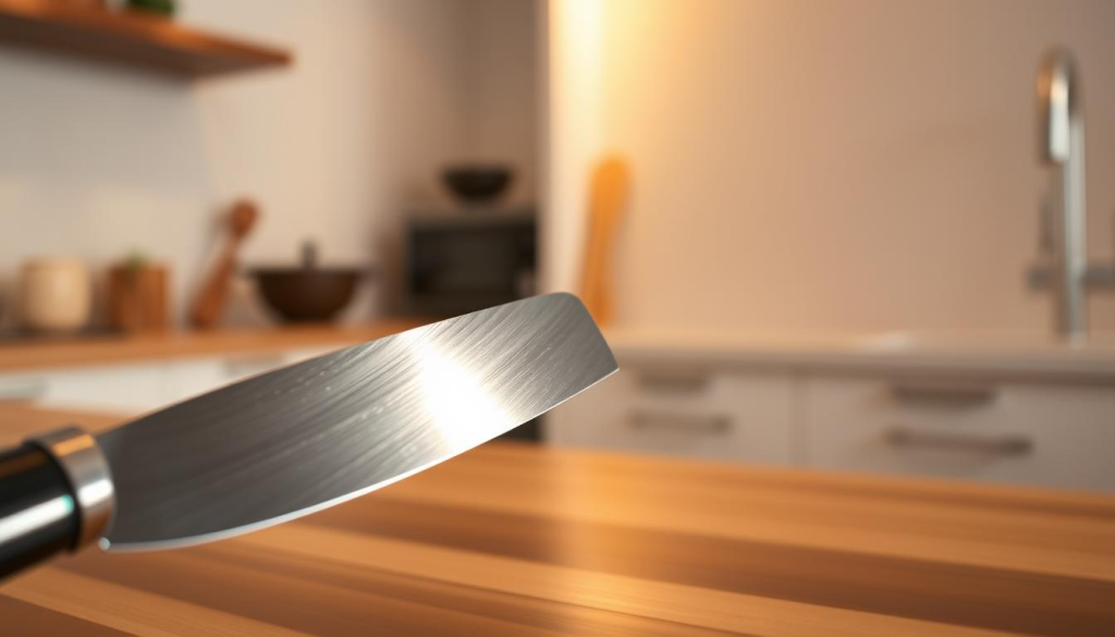 A gleaming Shun knife edge, its razor-sharp Japanese steel catching the warm, golden glow of a kitchen counter. The blade reflects the delicate play of light and shadow, hinting at the precision and craftsmanship that went into its forging. In the foreground, the knife's graceful curve and impeccable edge invite the viewer to imagine its seamless glide through delicate ingredients. Surrounding the knife, a minimalist kitchen setting, with clean lines and a neutral color palette, creating a serene, almost meditative atmosphere that enhances the focus on the knife's form and function. The overall composition emphasizes the Shun's role as a essential, high-quality tool that can elevate the culinary experience.