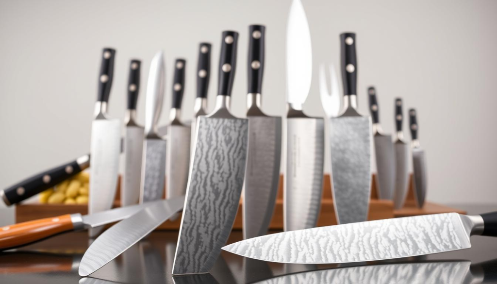 A gleaming assortment of Shun's meticulously crafted knives, their blades etched with precision, catching the soft light in a captivating display. In the foreground, the distinct patterns of the Damascus steel and the elegant curves of the handles stand out, beckoning the viewer to imagine their smooth, balanced feel. In the middle ground, the knives are arranged in a tasteful composition, showcasing the diverse lineup of the Shun collection - from the classic chef's knife to the delicate paring blade. The background is a neutral, minimalist setting, allowing the knives to be the focal point, radiating a sense of Japanese craftsmanship and culinary excellence.