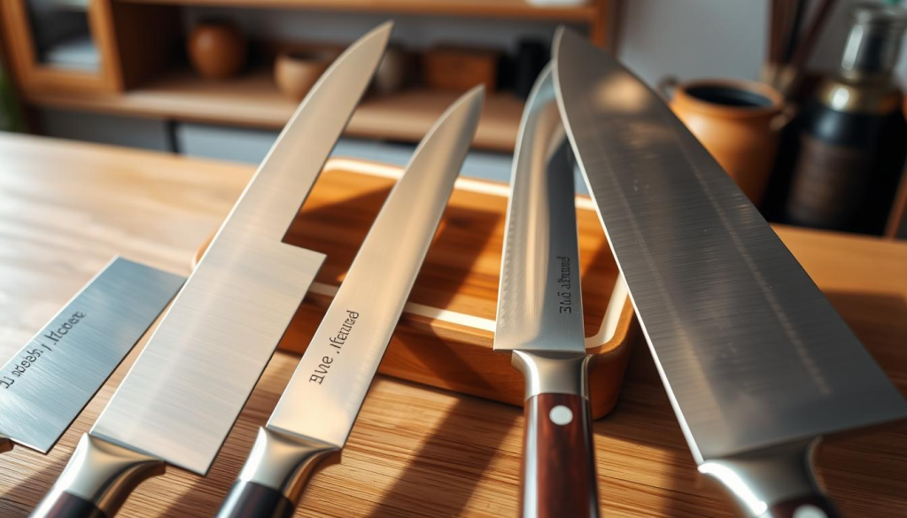 A gleaming collection of traditional Japanese kitchen knives, their blades forged with precision and artistry. In the foreground, the iconic Aritsugu knives stand out, their razor-sharp edges and elegant handles reflecting the warm glow of natural lighting. In the middle ground, a minimalist wooden cutting board provides a serene backdrop, while in the background, a traditional Japanese kitchen setting unfolds, with hints of wooden cabinetry and subtle Japanese aesthetics. The scene exudes a sense of craftsmanship, tradition, and the essential role these knives play in the preparation of authentic Japanese cuisine.