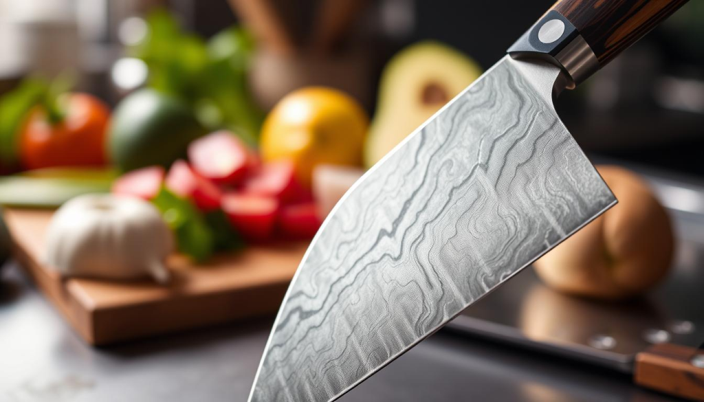 A gleaming, meticulously crafted Shun chef's knife, its razor-sharp blade reflecting the soft, warm lighting of a professional kitchen. The blade, forged from high-carbon VG-MAX steel, exhibits a striking Damascus pattern that speaks to the masterful craftsmanship of its Japanese makers. The handle, made of ebony PakkaWood, is ergonomically designed for comfort and control, inviting the user to experience the knife's exceptional balance and precision. In the background, a subtly blurred assortment of fresh produce and culinary tools hints at the knife's intended purpose - to enable the creation of culinary masterpieces. The overall scene conveys a sense of quality, refinement, and the pursuit of culinary excellence.