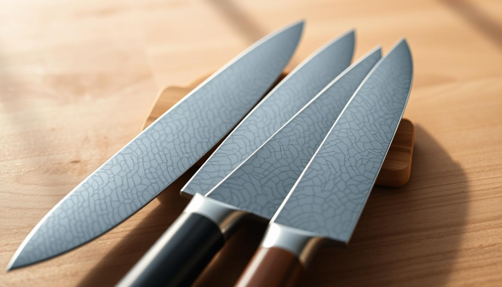 A gleaming set of Aritsugu gyuto knives, their razor-sharp blades meticulously forged from high-carbon steel, resting on a minimalist wooden surface. The knives are backlit by soft, natural light, casting subtle shadows that accentuate their sleek, elegant profiles. The blades reflect the intricate Damascus patterns, a testament to the skilled craftsmanship of the Aritsugu masters. In the foreground, the knives are arranged in a visually striking composition, their handles varying in color and texture, creating a harmonious visual balance. The background is intentionally blurred, allowing the knives to be the focal point and highlighting their exceptional quality and performance.