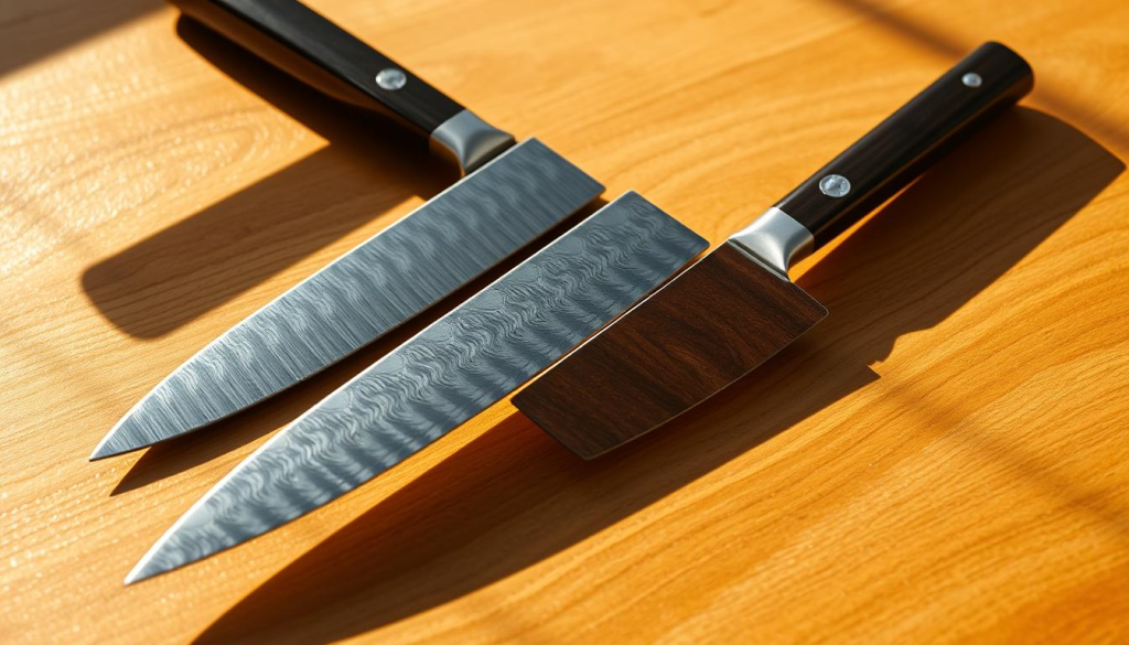 A gleaming set of Shun Kagerou knives, their razor-sharp blades meticulously crafted from high-carbon Japanese steel, rests on a minimalist wooden surface. Subtle shadows cast by the knives create a sense of depth and dimensionality. The warm, natural lighting accentuates the knives' elegant, tapered profiles and the intricate Damascus patterns that adorn their surfaces, conveying a sense of precision and craftsmanship. The scene exudes a calm, focused atmosphere, inviting the viewer to explore the careful handling and effective use of these exceptional culinary tools.