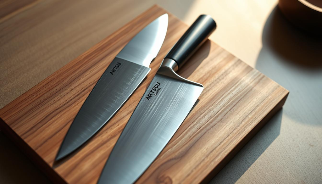 A gleaming set of premium Japanese Aritsugu knives rests upon a sleek, minimalist wooden surface, illuminated by soft, natural lighting. The blades, forged from high-carbon stainless steel, glisten with a razor-sharp edge, hinting at the exceptional craftsmanship and precision that define this exquisite culinary tool. Surrounding the knives, a subtle background of muted, earthy tones creates a sense of refined elegance, befitting the prestigious Aritsugu brand. The overall composition exudes a palpable aura of luxury, quality, and the promise of unparalleled performance in the kitchen.