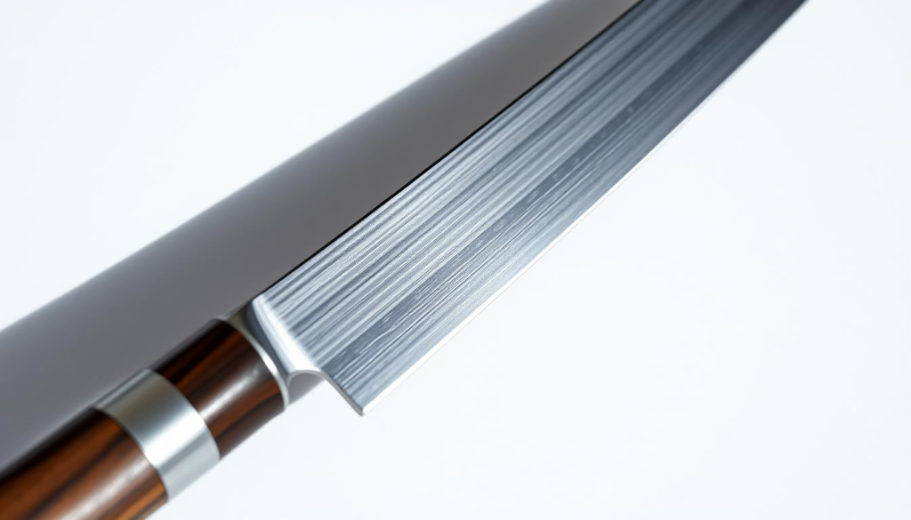 A high-contrast, close-up shot of a sharp, expertly-crafted Shun vegetable knife, captured against a plain, minimalist background. The blade has a sleek, satin-finished steel surface that reflects the lighting, accentuating its razor-sharp edge. The knife's elegant, tapered handle is made of rich, dark-toned hardwood, providing a tactile contrast to the steel. The overall composition emphasizes the knife's precision, quality, and versatility as a cutting tool, suitable for a range of culinary tasks. Soft, directional lighting casts subtle shadows, heightening the sense of depth and three-dimensionality.