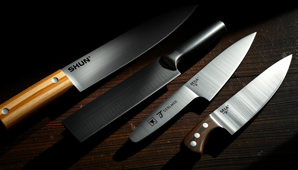 A high-contrast still life showcasing three premium kitchen knives - a Shun classic chef's knife, a German-style chef's knife, and a Japanese-style santoku knife. The knives are arranged on a rustic wooden surface, with dramatic side lighting casting long shadows and highlighting the blades' sharp edges and elegant curves. The composition emphasizes the knives' distinct designs, materials, and performance attributes, inviting the viewer to closely examine and compare the precision craftsmanship of each brand. The overall mood is one of refined sophistication, heightening the perception of these tools as both functional and artisanal.