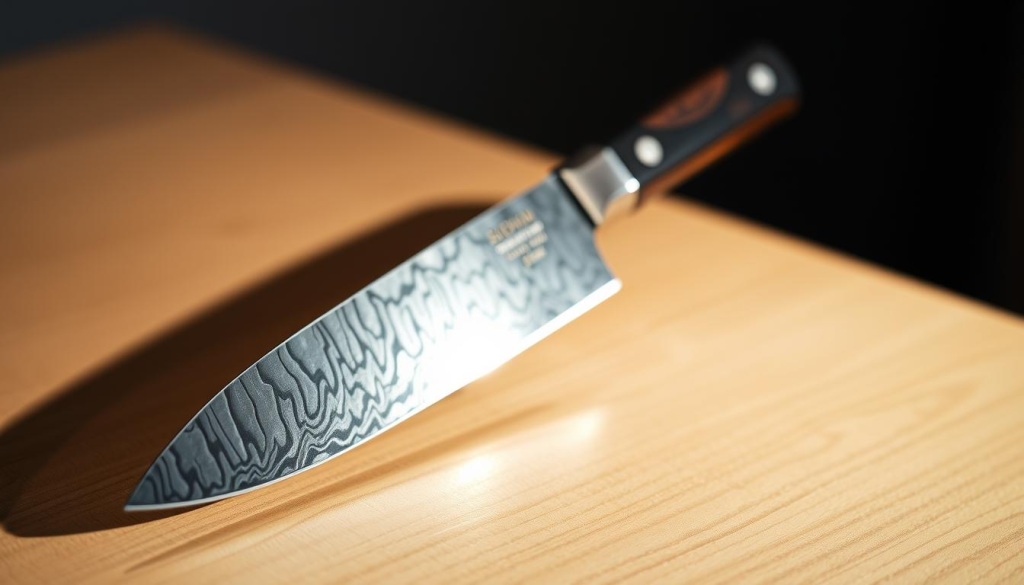 A high-quality 4-inch Shun chef's knife, its sharp blade gleaming under warm studio lighting. The knife sits on a clean, minimalist wooden surface, casting a soft shadow. The foreground is in sharp focus, emphasizing the intricate Damascus steel patterns and the knife's precise construction. The background is slightly blurred, creating a sense of depth and drawing the viewer's attention to the craftsmanship of the blade. The overall mood is one of sophistication, highlighting the value of investing in a well-made, durable kitchen tool.
