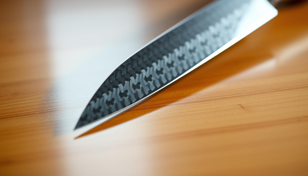 A high-quality 8 inch Shun chef's knife, gleaming under soft lighting, resting on a sleek wooden surface. The blade is honed to a razor-sharp edge, its Damascus-patterned steel reflecting the scene. The knife's balanced, ergonomic handle provides a secure grip, perfect for precise slicing and chopping. The composition highlights the knife's elegant design and superior craftsmanship, capturing its essence as a tool of culinary excellence.