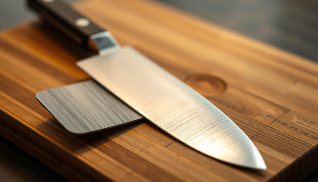 A high-quality Aritsugu nakiri knife rests on a wooden cutting board, the blade gleaming under warm, directional lighting. The vegetable-forward design features a wide, rectangular blade with a sharp edge, perfectly suited for precise slicing and dicing. The blade's beautiful patina reflects the knife's heritage, a testament to its craftsmanship. Nestled in the foreground, the knife conveys a sense of power and utility, ready to unleash its full potential in the kitchen. The composition emphasizes the knife's form and function, showcasing its elegant simplicity and highlighting the benefits of using this versatile Aritsugu culinary tool.