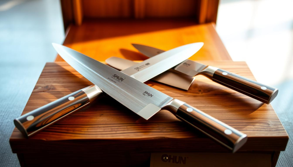 A high-quality Japanese knife set resting on a wooden surface, illuminated by warm, natural lighting. The knives feature sleek, razor-sharp blades made of premium stainless steel, with traditional Japanese-inspired handles in a harmonious blend of dark and light wood tones. The set is carefully arranged, showcasing the craftsmanship and attention to detail that defines the Shun brand. The image conveys a sense of elegance, precision, and the essential tools for the discerning home chef or professional culinary artist.