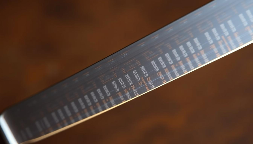 A high-quality, close-up image of a Shun chef's knife, its razor-sharp edge gleaming under warm, directional lighting. The blade is positioned diagonally, revealing the precise, finely-honed angle of the edge. The image is crisp and detailed, capturing the intricate geometry and meticulously crafted profile of the knife. The background is softly blurred, allowing the knife's design to take center stage. The overall mood is one of precision, craftsmanship, and the profound importance of edge geometry in achieving culinary excellence.