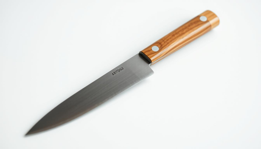 A high-quality, close-up photograph of an elegant, traditional Japanese Aritsugu bread knife. The blade is forged from premium, carbon-steel with a sharp, precision-ground edge. The distinctive, hand-crafted wooden handle is a warm, natural hue, with a subtly textured, ergonomic grip. The knife is positioned on a clean, minimalist surface, with soft, directional lighting that accentuates its sleek, timeless design. The overall composition conveys a sense of understated sophistication and the knife's exceptional quality for effortless bread slicing.