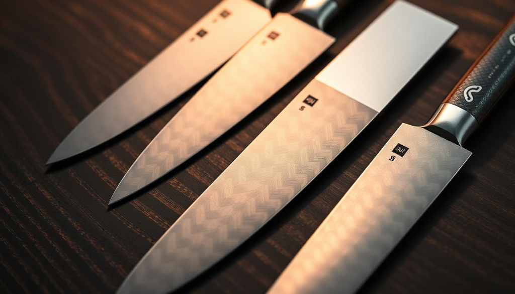 A high-quality close-up shot of several Shun Fuji chef's knives placed on a dark, minimalist wood surface. The knives are crafted from sleek, layered Damascus steel, with the iconic Shun chevron pattern visible along their blades. Soft, warm lighting illuminates the knives' razor-sharp edges and the intricate hammered texture of their handles. The image conveys a sense of precision, craftsmanship, and the premium quality of these Japanese culinary tools, suitable for showcasing in an article about where to purchase them online.