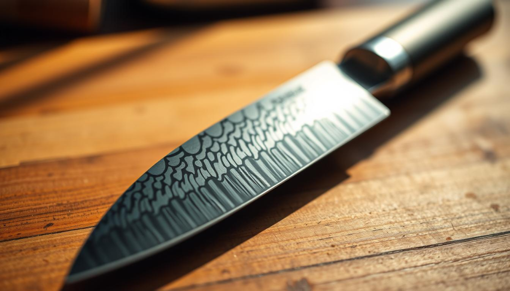 A high-quality close-up shot of the Shun Knife 6.5, capturing its sleek design and intricate details. The knife is positioned on a wooden surface, illuminated by warm, natural lighting that highlights its sharp, Damascus-patterned blade and the smooth, contoured handle. The image has a depth of field that blurs the background, allowing the knife to be the focal point. The overall mood is one of precision, craftsmanship, and a connection to the culinary arts.
