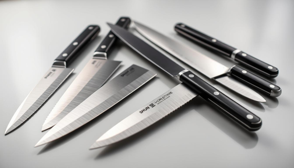 A high-quality collection of Shun Elite kitchen knives, meticulously arranged on a sleek, minimalist surface. The blades glisten under soft, directional lighting, showcasing the exceptional craftsmanship and attention to detail. The knives are laid out in a visually compelling manner, highlighting their unique design features and the diverse range of sizes and styles within the collection. The background is subtly blurred, allowing the knives to take center stage and convey a sense of professionalism, precision, and the thoughtful consideration required when choosing the right tool for the task at hand.