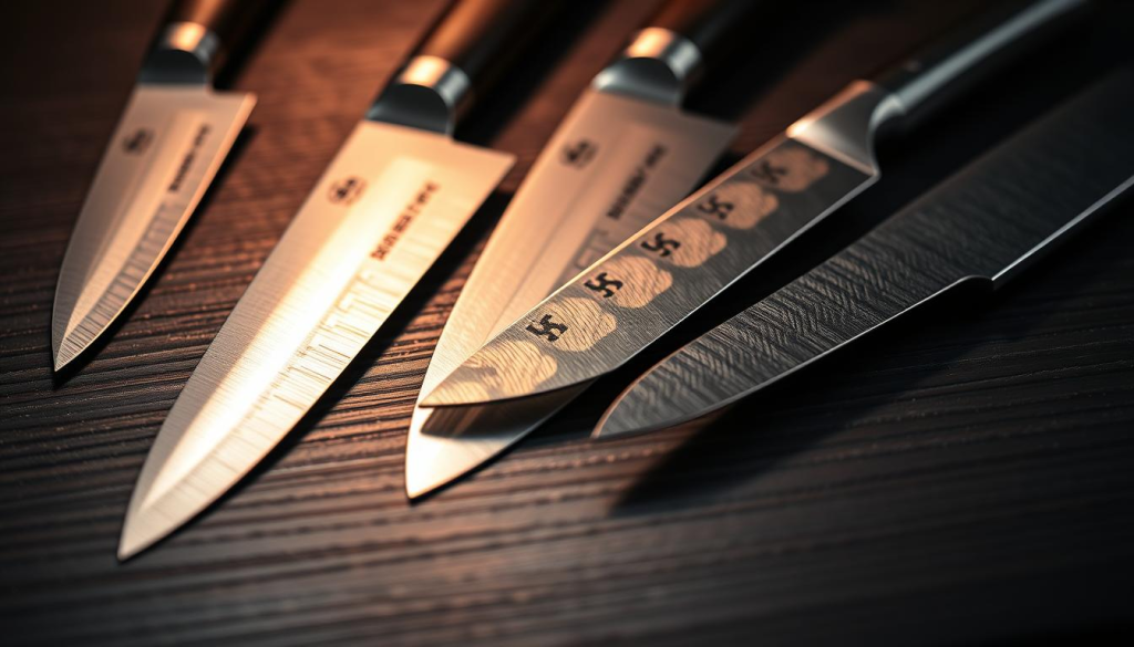 A high-quality collection of Shun Japanese chef's knives, meticulously displayed on a dark, wood-grained surface. The blades, crafted from layered Damascus steel, reflect soft, warm lighting, creating a captivating interplay of highlights and shadows. The knives are arranged in a visually striking composition, showcasing their distinctive handles and elegant silhouettes. The background is blurred, allowing the focus to remain on the exquisite craftsmanship and attention to detail of the Shun knife set. The overall atmosphere evokes a sense of precision, sophistication, and the rich culinary tradition of Japan.