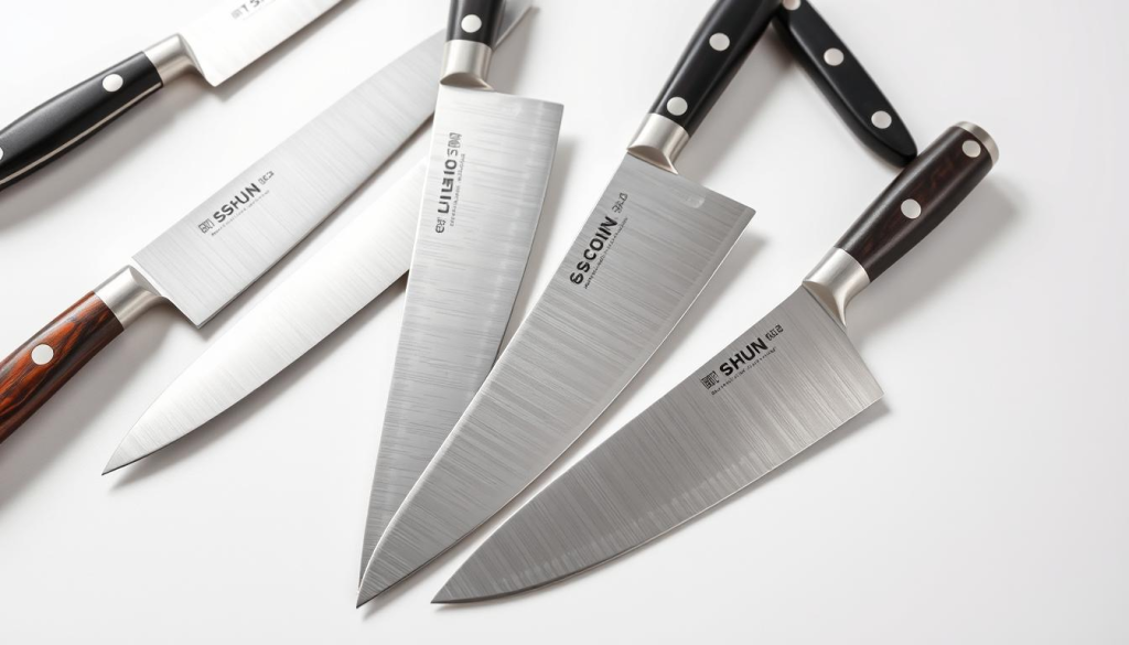 A high-quality collection of top-rated chef's knives, beautifully arranged on a clean, white surface. The knives are meticulously crafted, with sharp, gleaming blades and elegant, ergonomic handles. Soft, directional lighting casts subtle shadows, accentuating the knives' precise lines and contours. The overall composition is visually striking, conveying a sense of precision, quality, and the refined aesthetic of professional culinary tools. The image showcases the precision, craftsmanship, and durability that define the Shun brand, inviting the viewer to imagine the exceptional cooking experience these knives can provide.