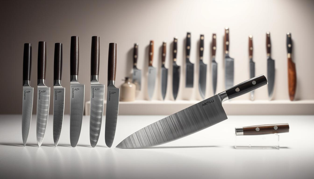 A high-quality comparison of Aritsugu knives, showcased in an elegant studio setting. In the foreground, a meticulously arranged display of several Aritsugu blade types, each gleaming under soft, directional lighting that highlights their precise craftsmanship. In the middle ground, additional Aritsugu knives are presented against a neutral backdrop, allowing their unique designs and materials to take center stage. The background features a minimalist, yet refined environment, emphasizing the knives' Japanese heritage and the brand's reputation for excellence. The overall composition conveys a sense of precision, attention to detail, and the superior quality that defines the Aritsugu knife-making tradition.