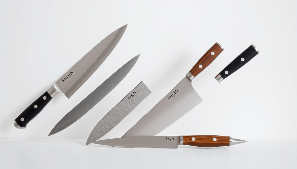 A high-quality, detailed comparison of several premium Shun knives, showcased against a clean, neutral background. The knives are arranged in a visually compelling manner, with their distinctive blades, handles, and other features prominently displayed. Soft, natural lighting illuminates the knives, highlighting their craftsmanship and materials. The overall composition emphasizes the unique qualities and differences between the Shun models, allowing the viewer to appreciate the nuances in design and performance. The image conveys a sense of elegance, precision, and the superior quality that defines the Shun brand.
