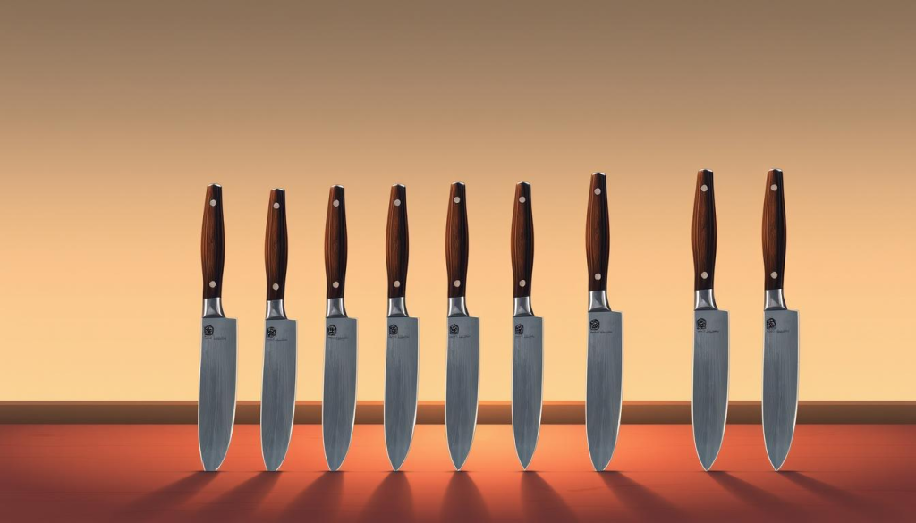 A high-quality, detailed illustration showcasing the size variations of Aritsugu deba knives. The knives are displayed in the foreground, meticulously crafted from razor-sharp steel with a traditional Japanese aesthetic. The middle ground features a clean, minimalist backdrop, allowing the knives to take center stage. Soft, warm lighting casts subtle shadows, accentuating the blades' contours and the subtle differences in their sizes. The overall mood is one of precision, craftsmanship, and the attention to detail that defines the Aritsugu brand. The image aims to help the viewer understand the range of deba knife sizes available, informing their choice for the right tool for their culinary needs.