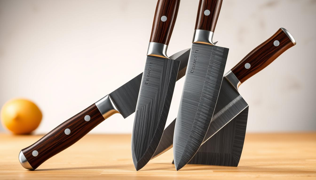 A high-quality, detailed image of the Shun Classic Series knives, showcased against a minimalist, soft-lit background. The knives are arranged in the foreground, their gleaming, razor-sharp blades and elegant, hand-crafted handles prominently displayed. The middle ground features a clean, uncluttered setup, allowing the knives to take center stage. The background is gently blurred, creating a sense of depth and focus on the main subject. The lighting is soft and directional, highlighting the knives' intricate textures and creating a warm, inviting atmosphere. The overall composition is balanced, visually appealing, and effectively conveys the premium quality and craftsmanship of the Shun Classic Series.