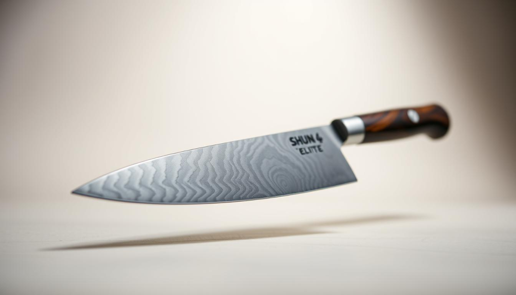 A high-quality, detailed image of the key features of a Shun Elite kitchen knife, captured in a well-lit studio setting with a sharp, crisp focus. The knife is presented in the foreground, showcasing its sleek, elegant design with a razor-sharp Damascus-patterned blade and a subtly textured, ergonomic handle. The middle ground reveals the knife's layered construction, highlighting the transition from the blade to the handle. In the background, a neutral, soft-focus backdrop emphasizes the knife's craftsmanship and attention to detail. The overall mood is one of sophistication, precision, and the celebration of exceptional culinary tools.