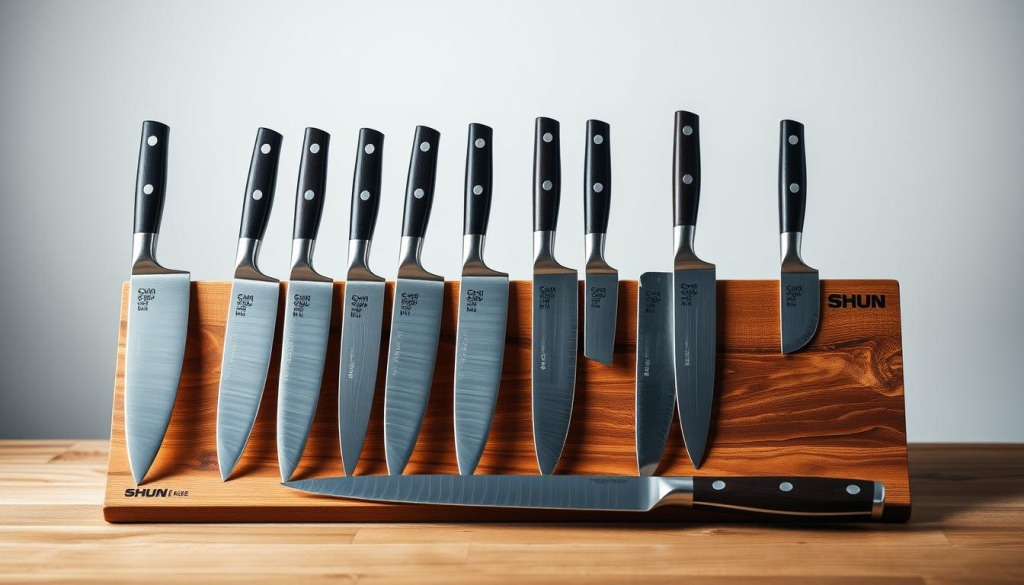 A high-quality, detailed still-life scene of an assortment of Shun kitchen knives meticulously arranged on a minimalist wooden surface, with a neutral background that allows the knives to be the central focus. The knives should be well-lit from the side, creating dramatic shadows and highlights that accentuate their elegant Japanese design and precision craftsmanship. The composition should emphasize the unique features and purposes of each Shun knife model, inviting the viewer to appreciate the diversity and versatility of this renowned brand.
