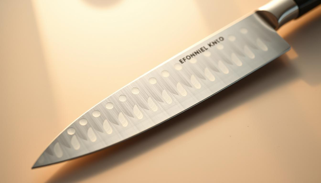 A high-quality, expertly-crafted Shun 20cm Chef's Knife blade, resting on a clean, well-lit surface. The blade is composed of gleaming, razor-sharp stainless steel, its sleek, curved profile accentuated by precise, evenly spaced dimples along the length. Warm, directional lighting casts subtle shadows, highlighting the knife's exceptional craftsmanship and attention to detail. The background is subtly blurred, drawing the viewer's focus to the blade's striking composition and intricate design. The overall mood is one of precision, quality, and the essential tools of the culinary trade.
