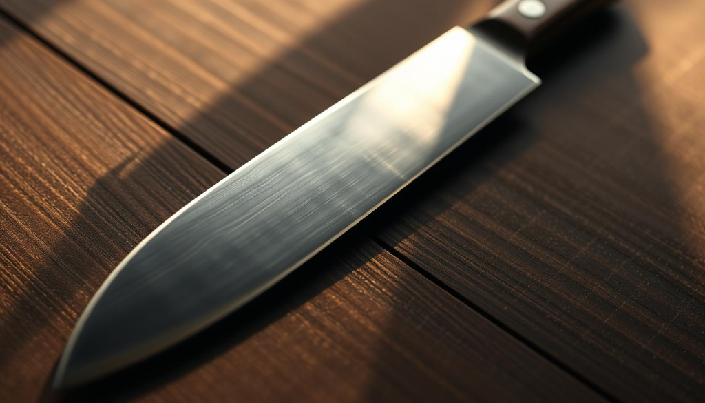 A high-quality, hand-forged authentic Japanese yanagiba knife resting on a dark wooden surface, bathed in warm, soft lighting from the side. The blade is razor-sharp, its polished surface reflecting the light, with a gentle curve leading to the pointed tip. The handle is made of rich, dark wood, meticulously crafted with a subtle, traditional design. The overall composition evokes the artisanal skill and precision of Japanese knife-making, capturing the essence of effortless slicing for the most delicate culinary tasks.