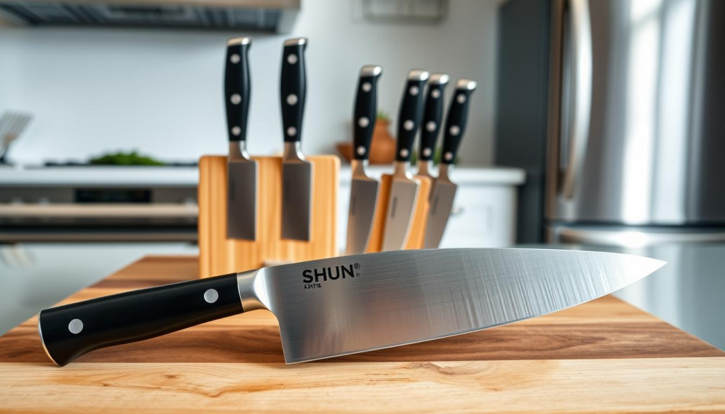 A high-quality kitchen knife set arranged on a wooden cutting board, with a sleek and modern Shun knife prominently displayed in the foreground. The background features a clean, minimalist kitchen setting, with stainless steel appliances and natural lighting creating a bright, airy atmosphere. The image conveys a sense of quality, craftsmanship, and the elevated culinary experience that authentic Shun knives can provide. The composition is carefully balanced, with the Shun knife drawing the viewer's eye to the center of the frame.