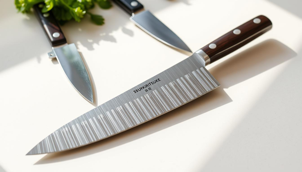 A high-quality photograph of a Shun Kiritsuke knife laid out in the foreground, with two other knives (a Japanese chef's knife and a Western-style chef's knife) positioned alongside it for comparison. The knives should be arranged on a clean, neutral-colored surface, with natural lighting and shadows creating depth and texture. The background should be slightly blurred, allowing the knives to be the focal point. The image should convey the unique features and design of the Shun Kiritsuke knife, highlighting its distinct shape, blade, and handle in comparison to the other knives.