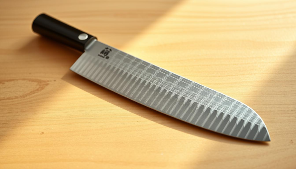 A high-quality, precision-crafted Aritsugu nakiri knife, its signature rectangular blade glistening under warm studio lighting. The knife is positioned on a minimalist, light-colored wooden surface, allowing the blade's intricate forging patterns and razor-sharp edge to take center stage. The composition evokes a sense of Japanese craftsmanship and attention to detail, highlighting the knife's potential to expertly slice and dice fresh produce. Subtle shadows and a shallow depth of field emphasize the knife's form and function, inviting the viewer to imagine its use in the kitchen.
