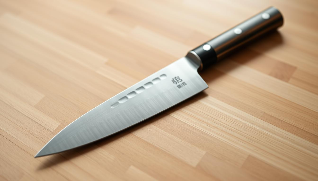 A high-quality, precision-crafted yanagiba knife rests on a minimalist wooden surface, its single-bevel blade gleaming in the soft, natural lighting. The knife's elegant Japanese design is highlighted, with a slender, tapered shape and a razor-sharp edge that promises effortless slicing. The background is subtly blurred, allowing the knife to take center stage and showcase its superior craftsmanship and functionality. The overall mood is one of refined simplicity, highlighting the knife's purpose as a essential tool for the discerning Japanese chef.