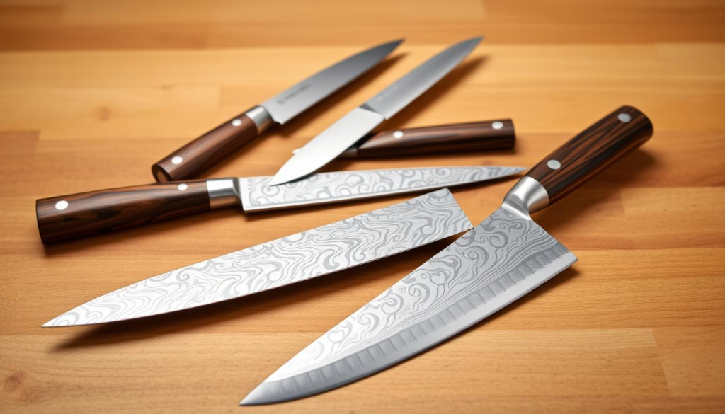 A high-quality set of Shun Japanese knives, crafted with precision and elegance, lies on a wooden surface. The blades gleam under soft, directional lighting, highlighting their razor-sharp edges and the intricate Damascus-style patterns forged into the steel. In the foreground, the chef's knife and santoku knife take center stage, their handles carved from premium materials like ebony or pakkawood, offering a comfortable and secure grip. In the middle ground, a paring knife and utility knife complete the set, nestled alongside a sharpening steel, showcasing the comprehensive nature of this professional-grade culinary toolkit. The background features a minimalist, warm-toned backdrop, allowing the knives to be the focal point and emphasizing the craftsmanship and attention to detail that defines the Shun brand.