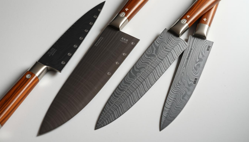 A high-quality set of handcrafted Japanese knives, featuring a range of blade types and sizes, elegantly arranged on a clean, minimalist surface. The blades are made of precision-forged VG-10 stainless steel, with a distinctive Damascus pattern running through the metal. The handles are crafted from natural wood, offering a tactile and ergonomic grip. Soft, directional lighting illuminates the knives, highlighting their sleek silhouettes and razor-sharp edges. The overall composition conveys a sense of sophistication, craftsmanship, and the essential tools of the culinary trade.