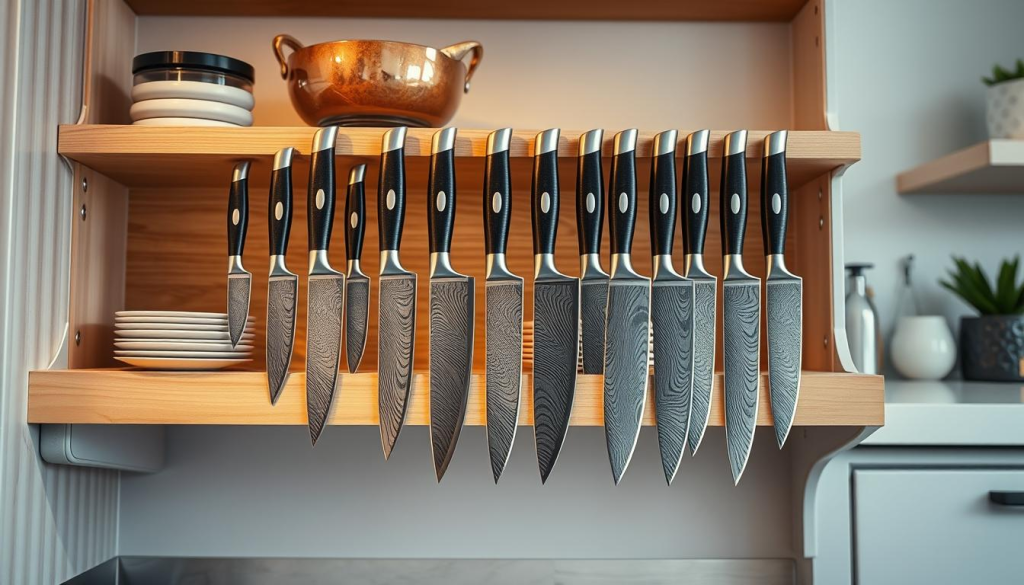 A high-quality shot of a well-stocked kitchen shelving unit showcasing a prominent display of Shun Elite knives. The knives are arranged in an aesthetically pleasing manner, highlighting their sleek and sophisticated design. The lighting is soft and natural, casting a warm glow on the blades and accentuating the intricate Damascus patterns. The background is a clean, minimalist kitchen setting with subtle hints of modern decor, allowing the knives to be the focal point. The overall composition conveys a sense of quality, craftsmanship, and the confidence that these Shun Elite knives would make a worthy addition to any discerning home chef's arsenal.