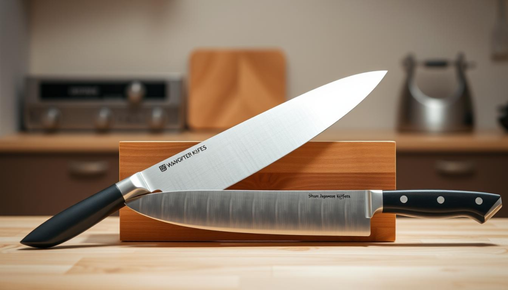 A high-quality still life scene showcasing two distinct sets of chef's knives - the sleek, minimalist Shun Japanese knives and the more robust Wüsthof German-style blades. The knives are arranged neatly on a neutral-colored wooden surface, allowing their unique designs and materials to be the focal point. Warm, natural lighting from an overhead source creates soft shadows and highlights the knives' contours and finishes. The background is blurred but hints at a simple, uncluttered kitchen environment, placing the emphasis entirely on the comparison of these two renowned knife brands. The mood is one of thoughtful examination, inviting the viewer to appreciate the craftsmanship and performance characteristics of each knife type.