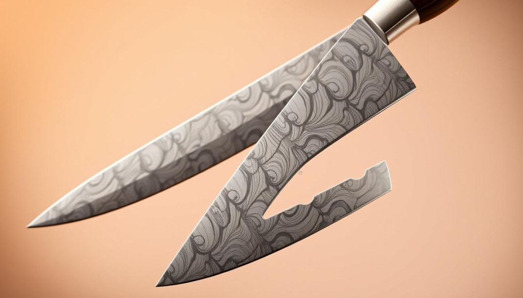 A high-resolution, photorealistic image showcasing the distinctive features of Shun's Limited Edition and regular knives. In the foreground, the blades of both knife variants are prominently displayed, their razor-sharp edges and elegant Damascus patterns clearly visible under warm, directional lighting. In the middle ground, the finely crafted, contoured handles are shown in detail, highlighting the premium materials and meticulous construction. The background features a clean, neutral backdrop that allows the knives to take center stage, emphasizing their premium quality and attention to design. The overall scene conveys a sense of refined elegance and the superior craftsmanship that sets Shun's Limited Edition knives apart from their regular counterparts.