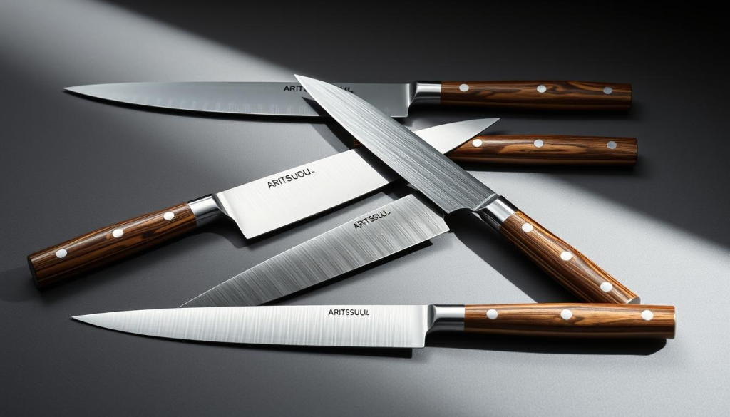 A highly detailed, expertly crafted still life showcasing a pristine collection of Aritsugu sushi knives. The knives are laid out on a sleek, minimalist backdrop, their razor-sharp blades and meticulously polished handles glinting under the soft, diffused lighting. The composition emphasizes the graceful silhouettes and intricate forging of these traditional Japanese culinary tools, inviting the viewer to admire their form and functionality. The image exudes a sense of refined simplicity, capturing the essence of the Aritsugu brand and the art of sushi preparation.