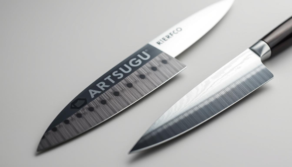 A highly detailed, finely crafted Aritsugu kitchen knife blade, presented in a clean, minimalist setting. The blade is shown from various angles, showcasing its precise length, distinctive shape, and the intricate patterns forged into the steel. Soft, directional lighting illuminates the blade, accentuating its sharp edges and sleek silhouette. The background is a simple, neutral tone, allowing the knife to be the central focus. Captured with a macro lens, the image highlights the exceptional craftsmanship and attention to detail that defines the Aritsugu brand.