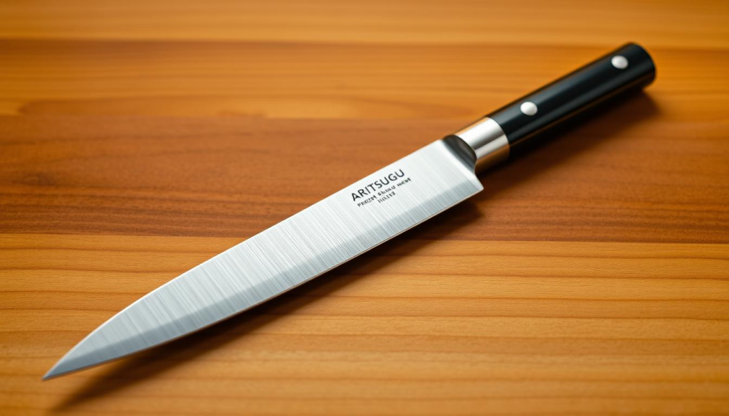 A highly detailed, meticulously crafted Japanese paring knife resting on a minimalist wooden surface, its razor-sharp blade gleaming under soft, warm studio lighting. The knife's elegant profile and smooth, lacquered handle are highlighted, showcasing its exceptional craftsmanship and precision engineering. The composition emphasizes the knife's functional beauty, capturing its versatility as a kitchen essential. The image conveys a sense of quality, tradition, and attention to detail, reflecting the essence of the renowned Aritsugu brand.