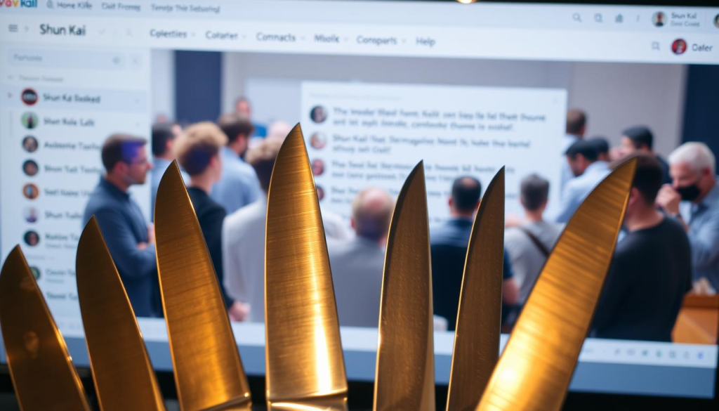 A lively online community of Shun Kai knife enthusiasts, gathered on a well-lit forum page. In the foreground, a collection of gleaming Shun Kai blades, each one captured in crisp detail, reflecting the warm glow of the screen. In the middle ground, a flurry of active discussion, with users sharing their experiences, recommendations, and passionate debates about the merits of this renowned Japanese knife brand. The background features a clean, minimalist design, with a subtle pattern or texture that reinforces the high-quality, refined aesthetic of the Shun Kai brand. The overall atmosphere conveys a sense of engaged, knowledgeable conversation among a discerning community of home chefs and culinary professionals.