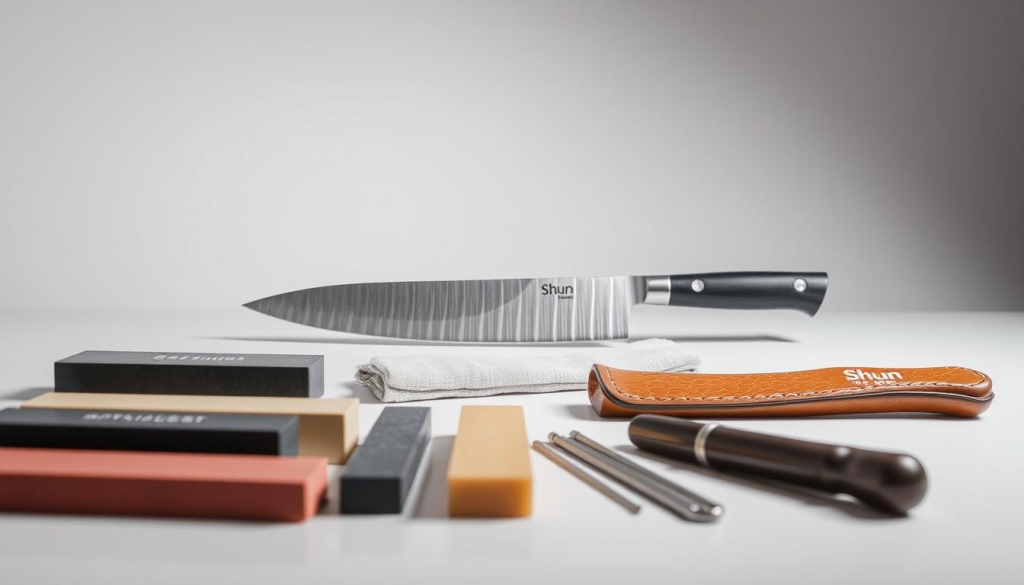 A meticulously arranged collection of Shun knife maintenance tools, illuminated by soft, diffused lighting in a clean, minimalist setting. In the foreground, an assortment of sharpening stones, honing rods, and a leather strop, their textures and details captured with precision. In the middle ground, a Shun knife and a microfiber cloth, the blade gleaming and the cloth poised to gently wipe the surface. The background is a simple, neutral backdrop, allowing the tools to take center stage and showcase their importance in preserving the beauty and performance of the iconic Shun knife.